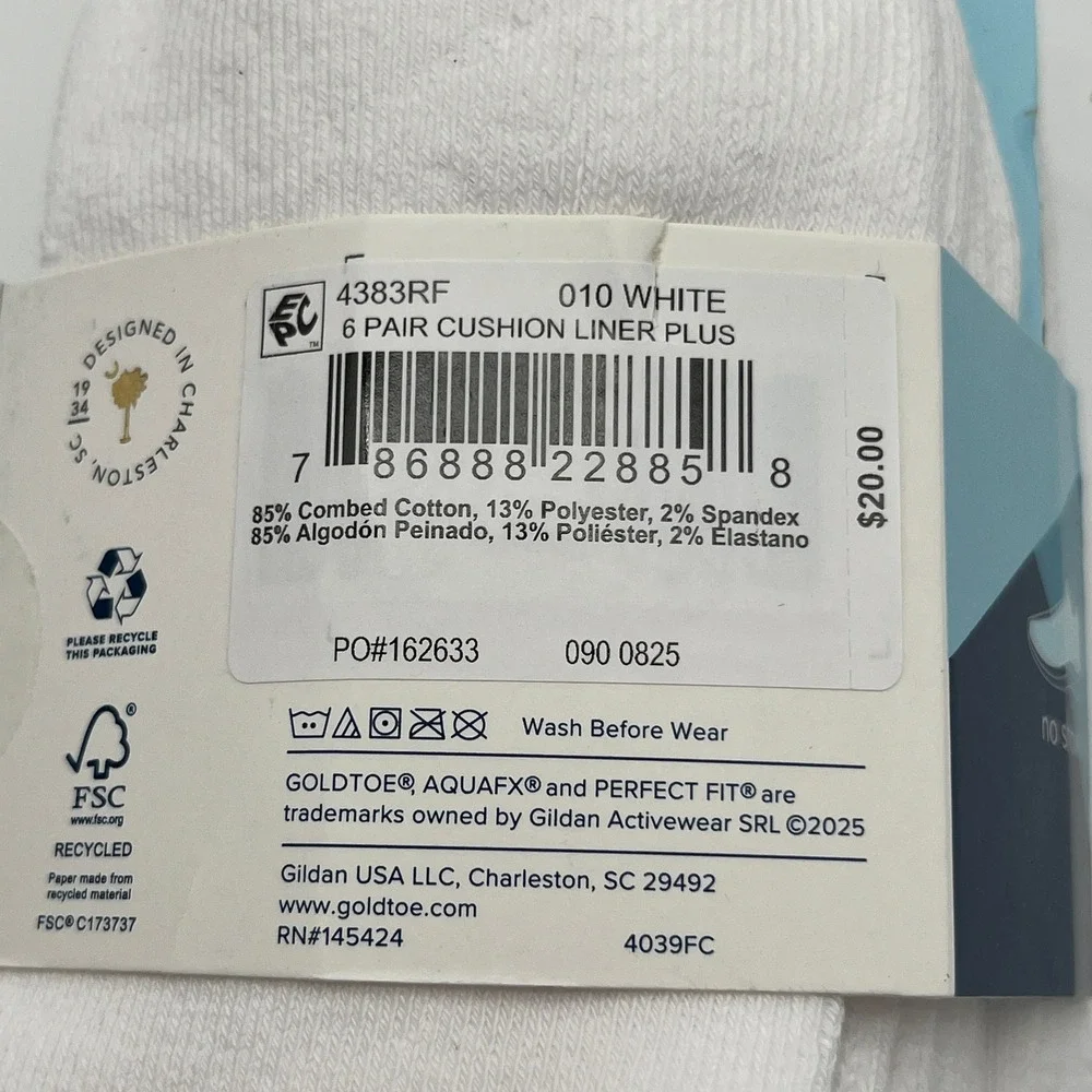 Goldtoe Sport Socks Mens 8-13 White Cushion Liner Plus 6 Pair No Show 4383RF